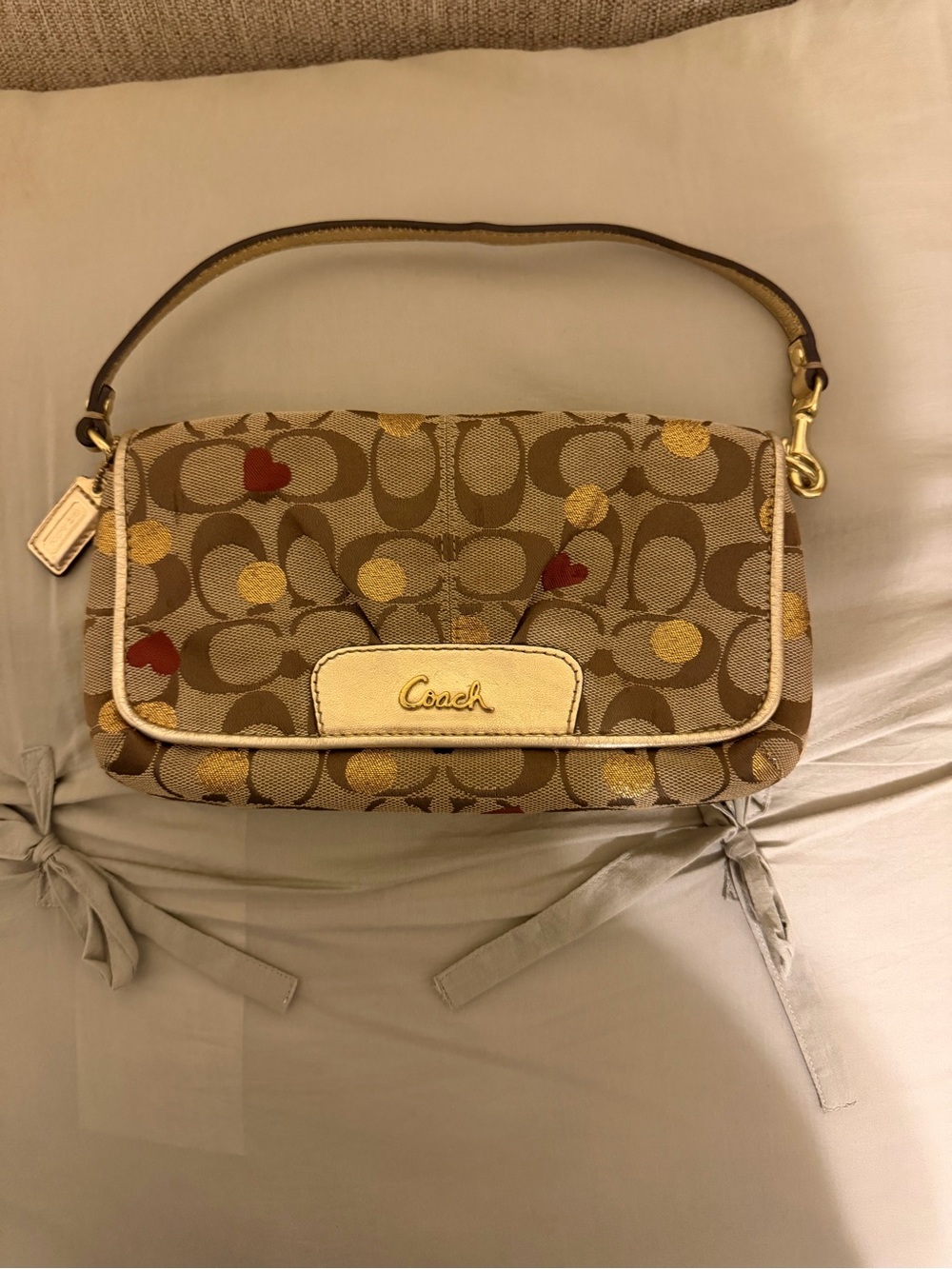 Coach Brown Signature Canvas Shoulder Bag with Red and Gold Hearts